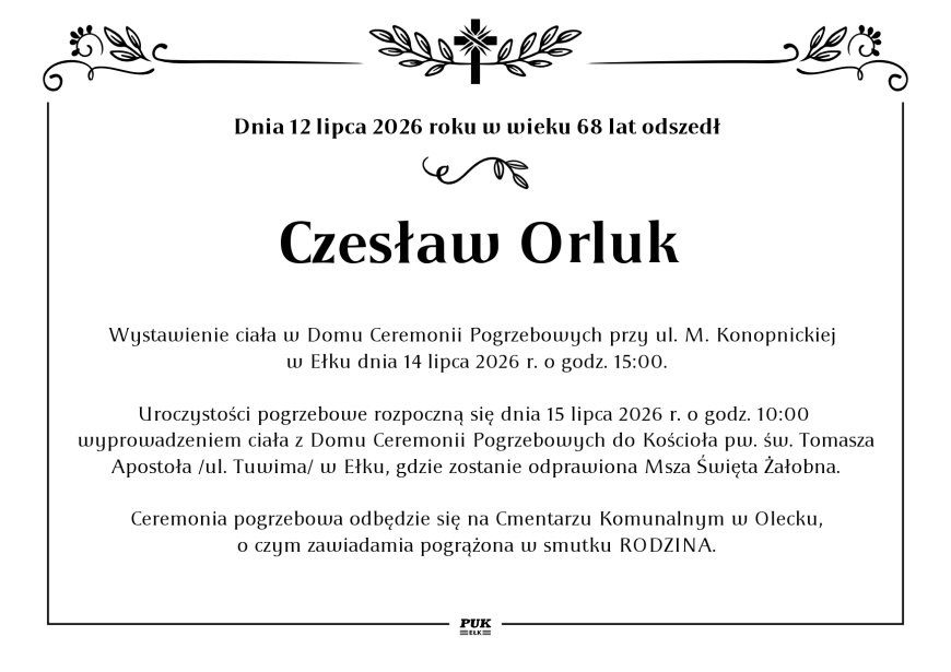 Czesław Orluk - nekrolog